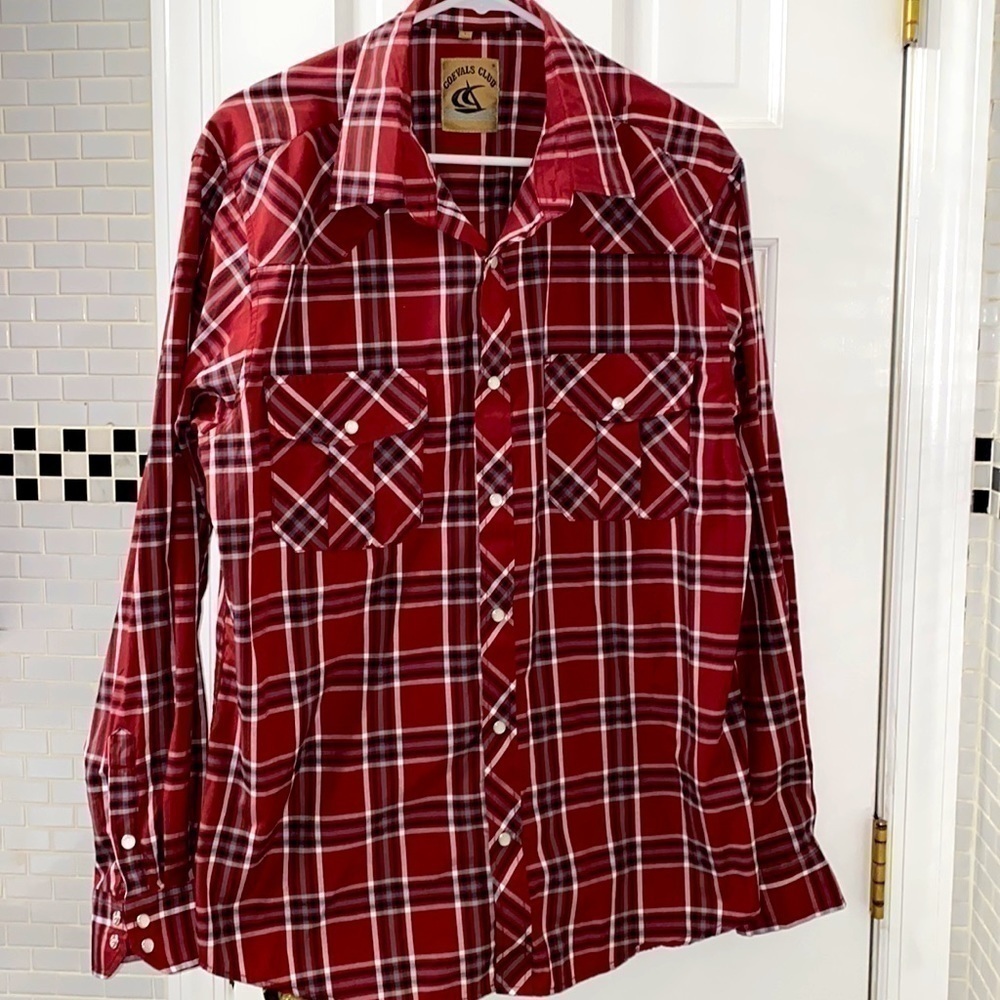 Mens Coevals Club cranberry red and black plaid poly/ cotton shirt. Size Large.